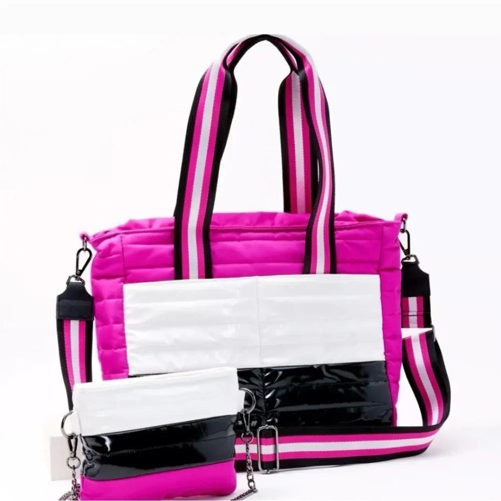 THINK ROYLN Pink and Black Quilted Tote Set